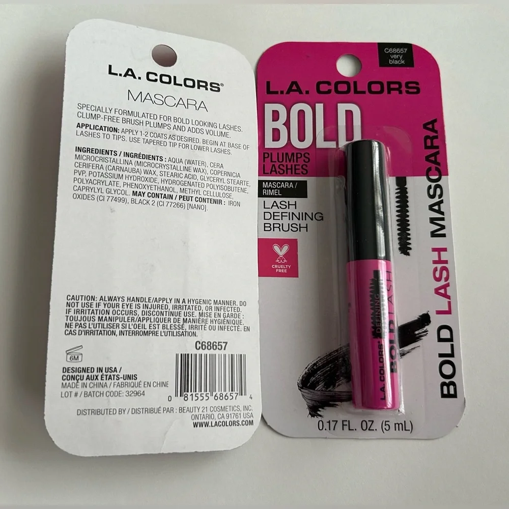 New Two L.A. Colors Mascara Very Black Plumps Lashes 0.17 oz (5 mL) Bold Lash